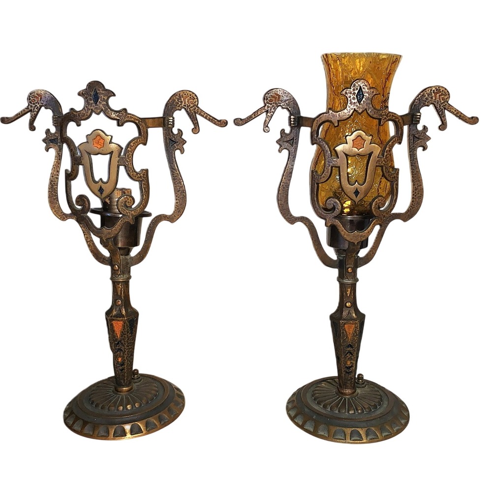 2 Antique Brass Art Deco Tudor Spanish Dragon Shield Mantle Wedding Table Lamps